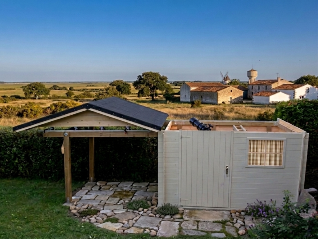 Observatoire astronomie amateur en bois avec toit roulant ouvert laissant apparaître un télescope, construit dans un jardin